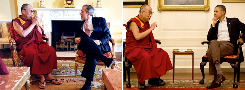 President George W. Bush and President Barack Obama meet with His Holiness the Dalai Lama at the White House during their terms in office. (The White House)
